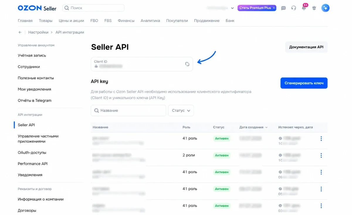 Страница Seller API в кабинете Ozon с полем Client ID